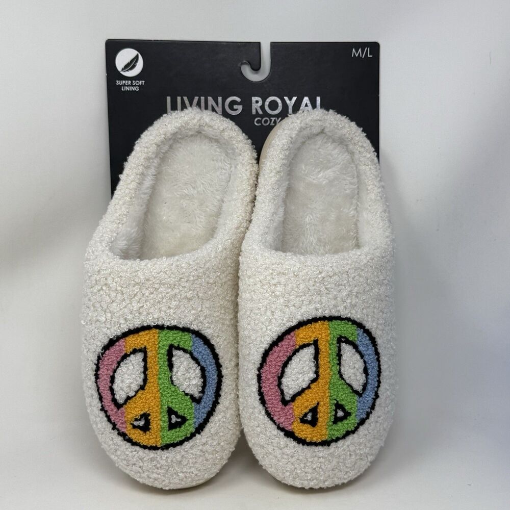 Living Royal Cozy Slippers Womens Size Medium Large 9 - 12 Ivory Peace Sign